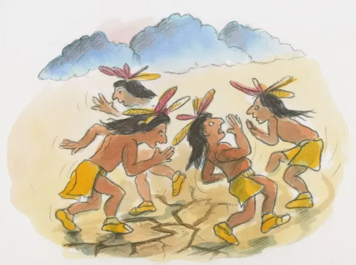 Framed Print : Cartoon of Native American men performing rain dance Framed Print : Cartoon of Native American men performing rain dance