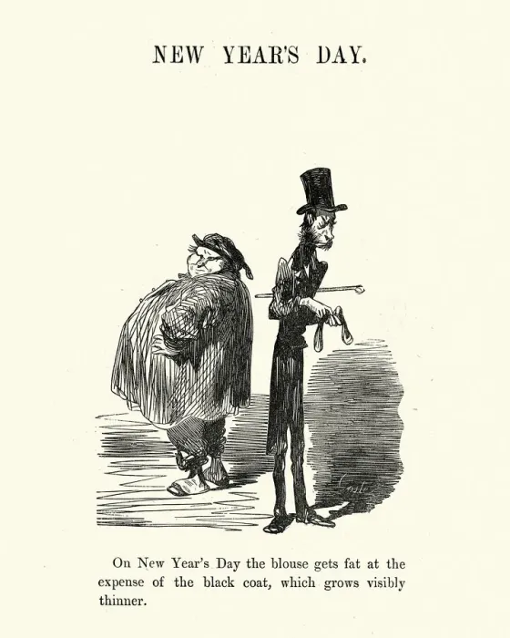Framed Print : Cartoon of New Years Day, the blouse gets fat, by Gustave Dore, Victorian 1860s, 19th Century caricature Framed Print : Cartoon of New Years Day, the blouse gets fat, by Gustave Dore, Victorian 1860s, 19th Century caricature