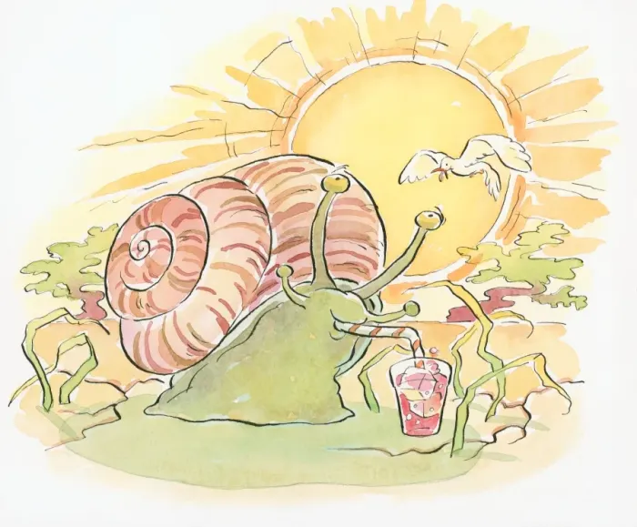 Framed Print : Cartoon of of snail in hot sun using straw to drink cold water from glass Framed Print : Cartoon of of snail in hot sun using straw to drink cold water from glass