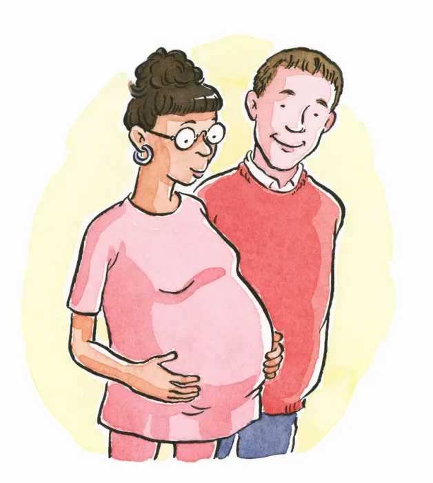 Framed Print : Cartoon of pregnant woman with hands on stomach, and husband, anticipating birth Framed Print : Cartoon of pregnant woman with hands on stomach, and husband, anticipating birth