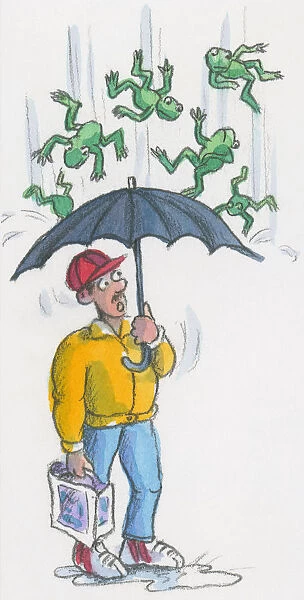 Cartoon representing raining frogs as man stands in puddle below umbrella looking up in disbelief