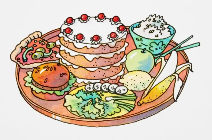 Framed Print : Cartoon, selection of foods on round tray, decorated layer cake, slice of pizza, hamburger, green salad, partially peeled banana, whole lemon, green apple Framed Print : Cartoon, selection of foods on round tray, decorated layer cake, slice of pizza, hamburger, green salad, partially peeled banana, whole lemon, green apple