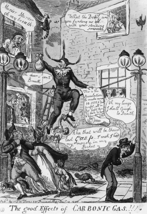 Framed Print : Cartoon showing residents complaining about the effects of gas lighting Framed Print : Cartoon showing residents complaining about the effects of gas lighting