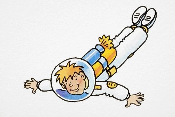 Cartoon, smiling blonde astronaut wearing spherical glass helmet and flaming rocket pack on his back, gliding in the air with straight legs and arms stretched out sideways