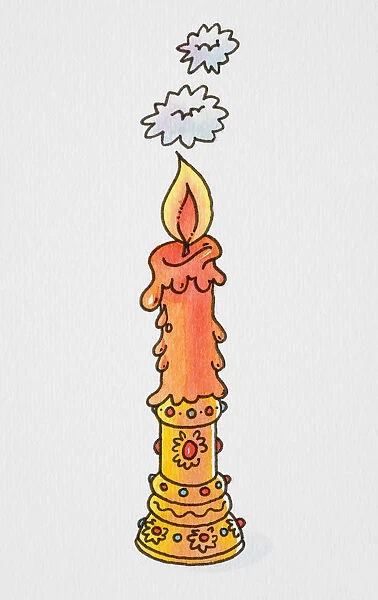 Cartoon, smiling candle on ornate gold candlestick