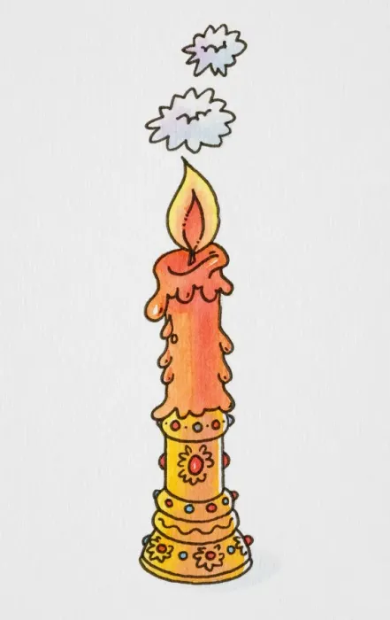 Framed Print : Cartoon, smiling candle on ornate gold candlestick Framed Print : Cartoon, smiling candle on ornate gold candlestick