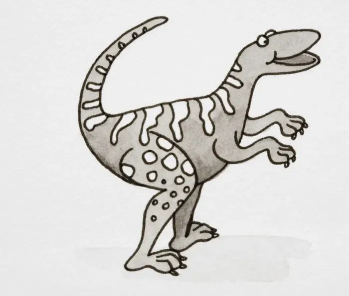 Framed Print : Cartoon, smiling Dinosaur standing with its tail curled up, side view Framed Print : Cartoon, smiling Dinosaur standing with its tail curled up, side view