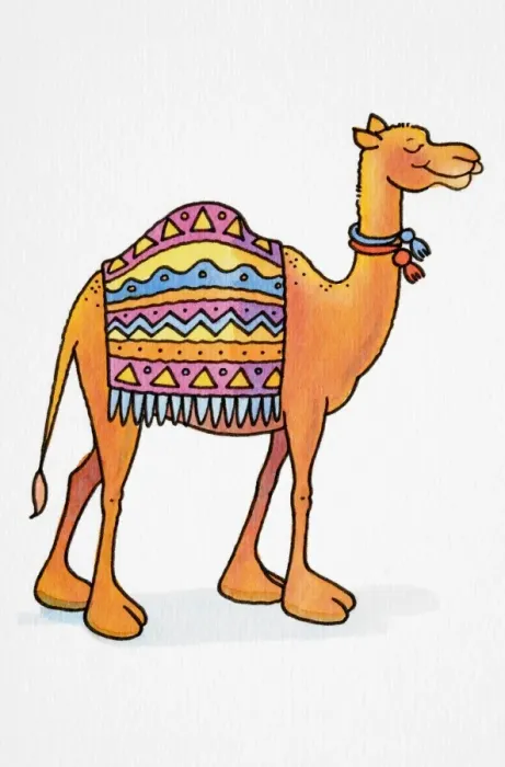 Framed Print : Cartoon, smiling Dromedary (Camelus dromedarius) standing with its eyes closed, two colourful collars around its neck and patterned rug draped across its back, side view Framed Print : Cartoon, smiling Dromedary (Camelus dromedarius) standing with its eyes closed, two colourful collars around its neck and patterned rug draped across its back, side view