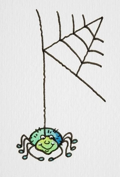 Cartoon, smiling green spider dangling on strand from web, front view