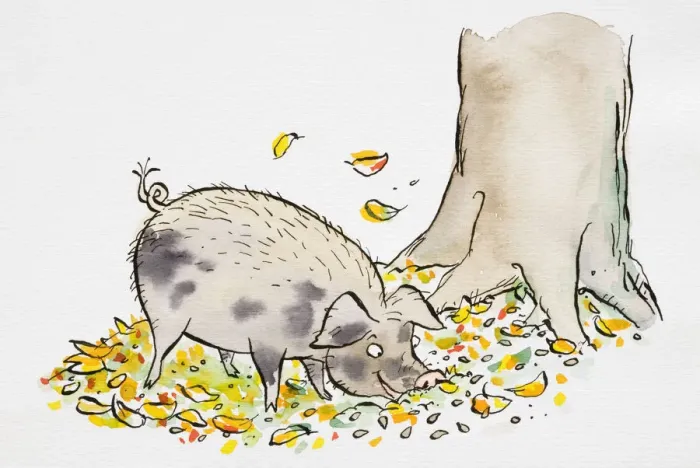 Framed Print : Cartoon of smiling grey wild Pig grazing by the foot of tree trunk, autumn leaves scattered on grass, side view Framed Print : Cartoon of smiling grey wild Pig grazing by the foot of tree trunk, autumn leaves scattered on grass, side view