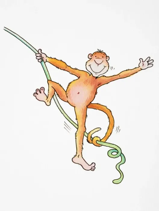 Framed Print : Cartoon, smiling monkey swinging and waving with its tail wrapped around rope Framed Print : Cartoon, smiling monkey swinging and waving with its tail wrapped around rope
