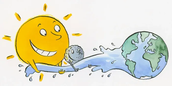 Framed Print : Cartoon of smiling sun catching sea as it flows from globe of the word Framed Print : Cartoon of smiling sun catching sea as it flows from globe of the word