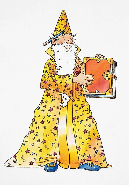 Cartoon, smiling wizard with long white beard, matching yellow cape and hat, and blue wand behind his ear holding up red magic book