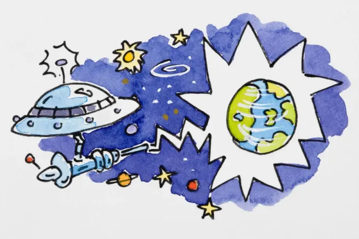 Framed Print : Cartoon of spaceship firing laser at Earth Framed Print : Cartoon of spaceship firing laser at Earth