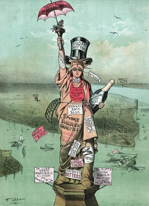 Framed Print : Cartoon, Statue Of Liberty with Advertising Framed Print : Cartoon, Statue Of Liberty with Advertising