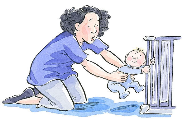 Cartoon of surprised mother struggling to pull baby with strong grip from cot bars, showing involuntary grasp reflex in newborn babies