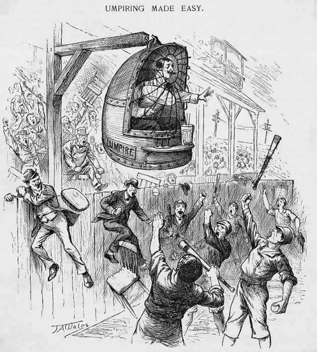 Framed Print : Cartoon of Umpire Suspended In Cage Framed Print : Cartoon of Umpire Suspended In Cage