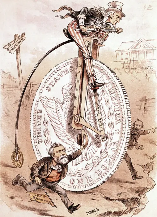 Framed Print : Cartoon of Uncle Sam on Bicycle Illustrating Gold vs. Silver Standard by J.A. Wales
