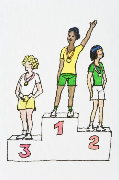 Framed Print : Cartoon of winner with arm raised standing on podium with two medalists Framed Print : Cartoon of winner with arm raised standing on podium with two medalists