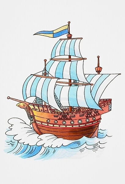 Cartoon, wooden sailing ship sailing on turbulent sea