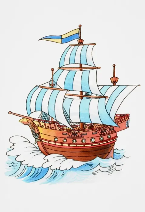 Framed Print : Cartoon, wooden sailing ship sailing on turbulent sea
