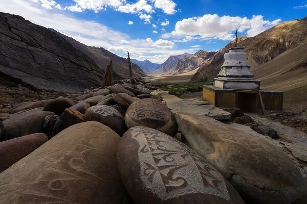 Carved Buddhist mani stones of Zangla Palace, Zanskar Vally, India