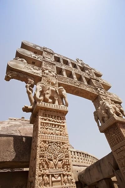 Carved gateway to the Great Stupa built by Ashoka the Great at Sanchi, Madhya Pradesh, India