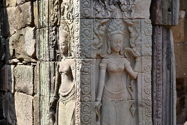 carved sculpture ruins Banteay Kdei temple Angkor Cambodia