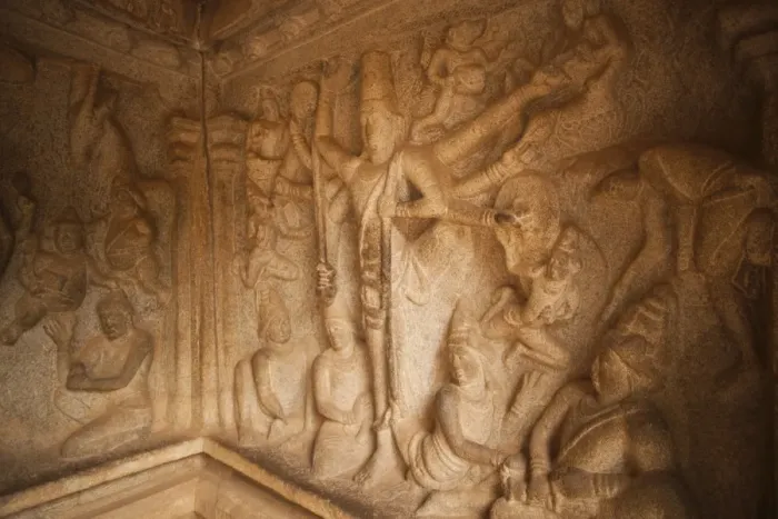 Framed Print : Carving details of Trivikrama the Vamana avatar of Vishnu with one leg on the earth and the other on the skie at Varaha Cave Temple, Mahabalipuram, Kanchipuram District, Tamil Nadu, India