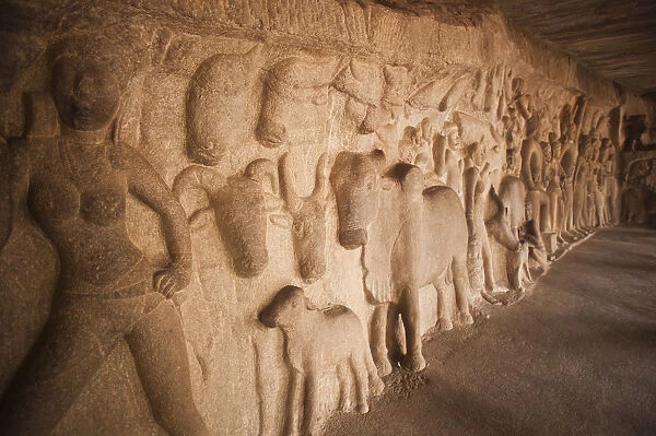 Detail of carving in Krishna Mandapa, Mahabalipuram, Kanchipuram District, Tamil Nadu, India