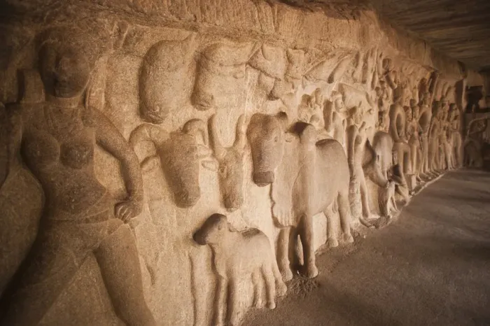 Framed Print : Detail of carving in Krishna Mandapa, Mahabalipuram, Kanchipuram District, Tamil Nadu, India