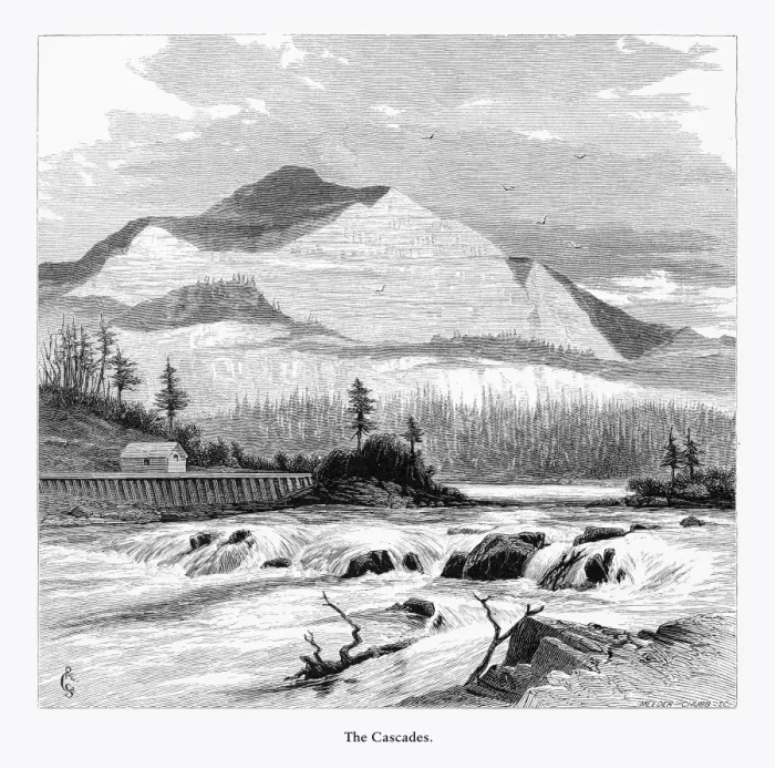 Framed Print : Cascades, The Cascades, Washington, United States, American Victorian Engraving, 1872 Framed Print : Cascades, The Cascades, Washington, United States, American Victorian Engraving, 1872