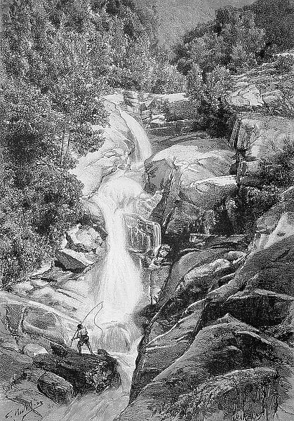 Cascades des Anglais, Waterfall, Corsica, France, Historic, digital reproduction of an original 19th century painting