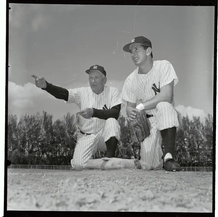 Framed Print : Casey Stengel and Billy Martin Kneeling and Conversing on Field Framed Print : Casey Stengel and Billy Martin Kneeling and Conversing on Field