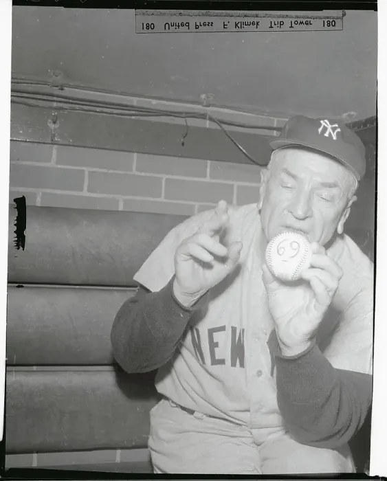 Framed Print : Casey Stengel Holding Ball Proclaiming His Age