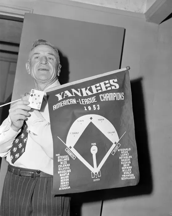 Framed Print : Casey Stengel Holding Card and Banner Framed Print : Casey Stengel Holding Card and Banner