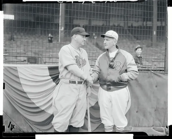 Framed Print : Casey Stengel Shaking Hands With Doc Protho Near Batting Cage Framed Print : Casey Stengel Shaking Hands With Doc Protho Near Batting Cage