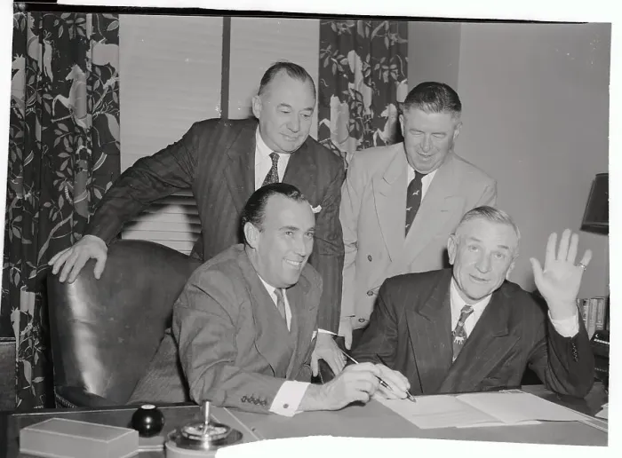 Framed Print : Casey Stengel Signing Contract with Yankee Officials Framed Print : Casey Stengel Signing Contract with Yankee Officials