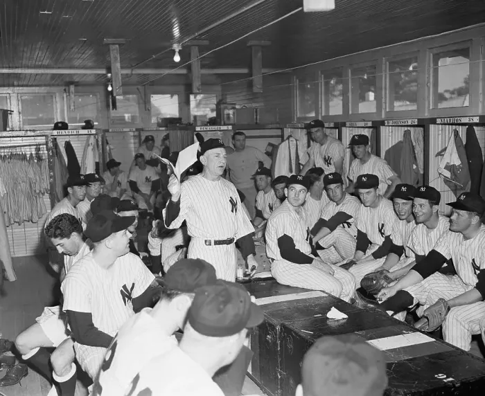Framed Print : Casey Stengel Speaking to New York Yankee Team in Dressing Room