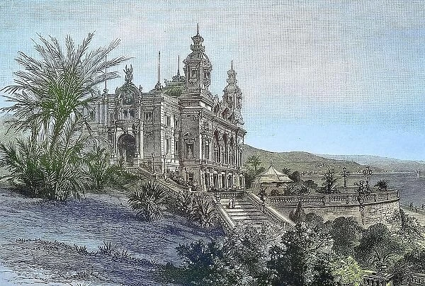 The Casino, Casino, of Monte Carlo, Monaco, in 1885, Historical, digitally restored reproduction from a 19th century original