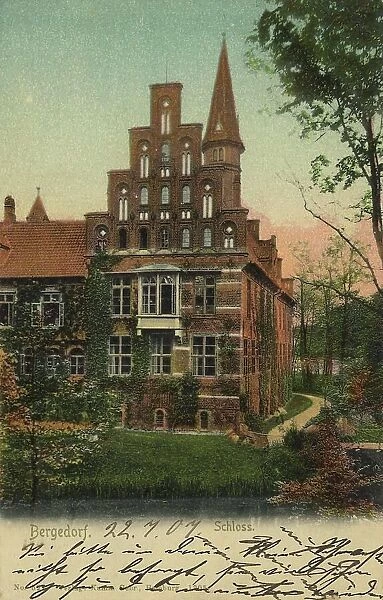 Castle in Bergedorf, Hamburg, Germany, postcard with text, view around ca 1910, historical, digital reproduction of a historical postcard, public domain, from that time, exact date unknown