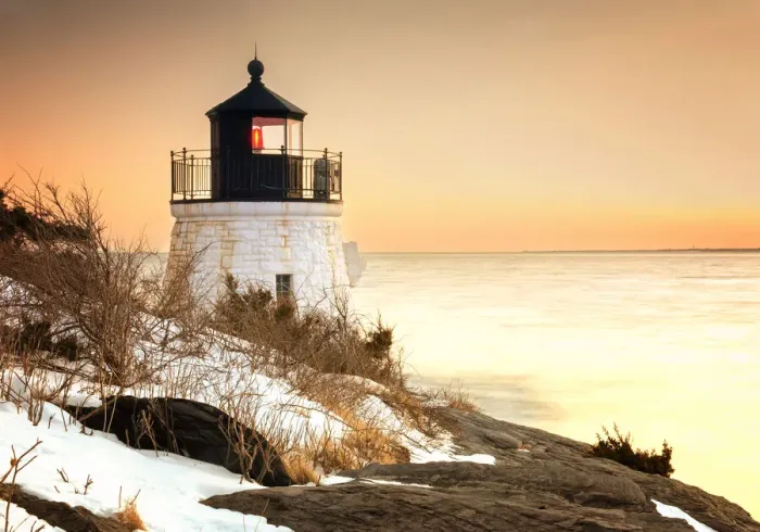 Framed Print : Castle Hill Lighthouse against an Orange Winter Sky Framed Print : Castle Hill Lighthouse against an Orange Winter Sky