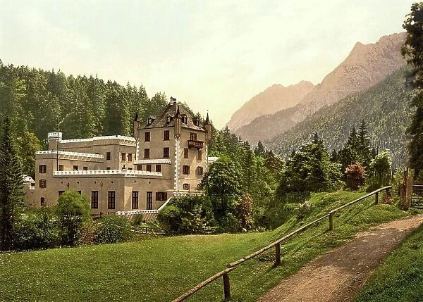 Castle in Hinterriss, Upper Bavaria, Bavaria, Germany, Historic, digitally restored reproduction of a photochrome print from the 1890s