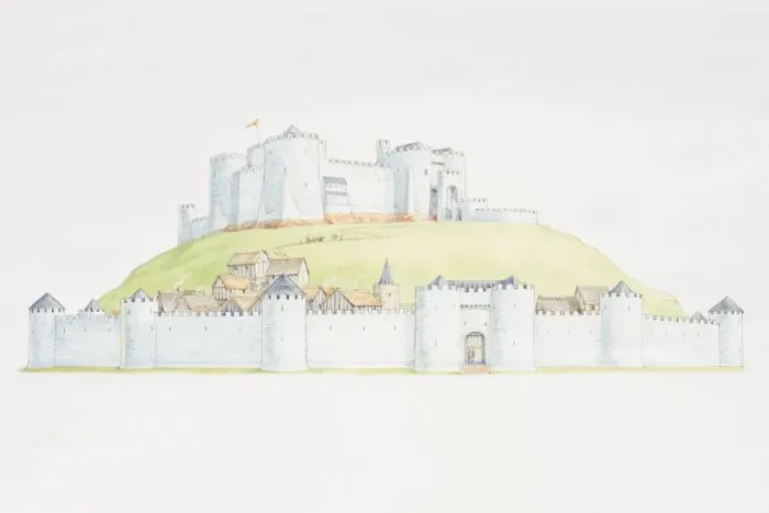 Framed Print : Castle on mound overlooking settlement surrounded by town wall Framed Print : Castle on mound overlooking settlement surrounded by town wall
