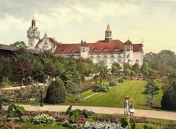 Castle and Rosemgarten in Kolberg, formerly Pomerania, Germany, today Kolobrzeg in Poland, Historical, digitally restored reproduction of a photochrome print from the 1890s