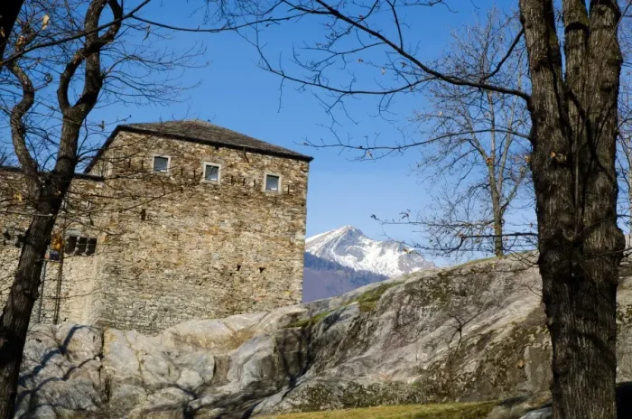 Framed Print : Castle and snow-capped mountains