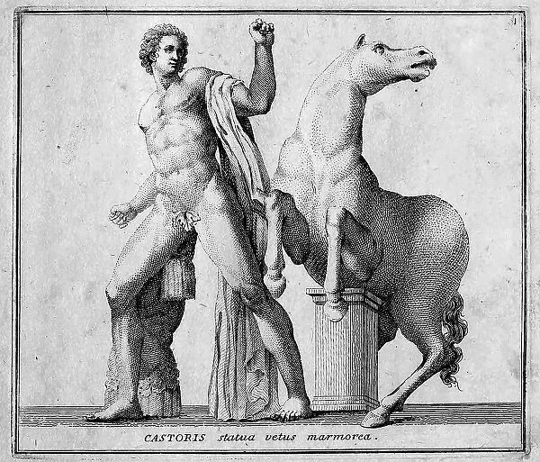 Castor, one of the sons of Zeus, with his horse, after a marble statue in the Piazza di Monte Cavallo, historic Rome, Italy, digital reproduction of an 18th century original, original date not known