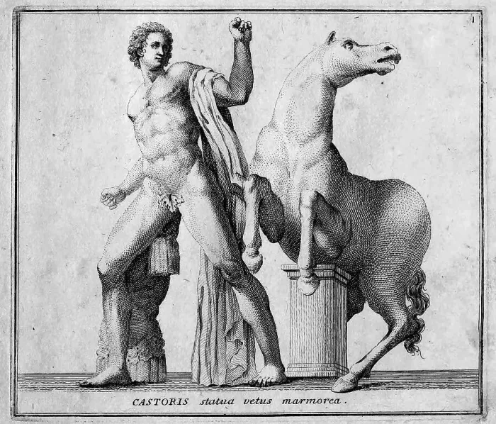 Framed Print : Castor, one of the sons of Zeus, with his horse, after a marble statue in the Piazza di Monte Cavallo, historic Rome, Italy, digital reproduction of an 18th century original, original date not known Framed Print : Castor, one of the sons of Zeus, with his horse, after a marble statue in the Piazza di Monte Cavallo, historic Rome, Italy, digital reproduction of an 18th century original, original date not known