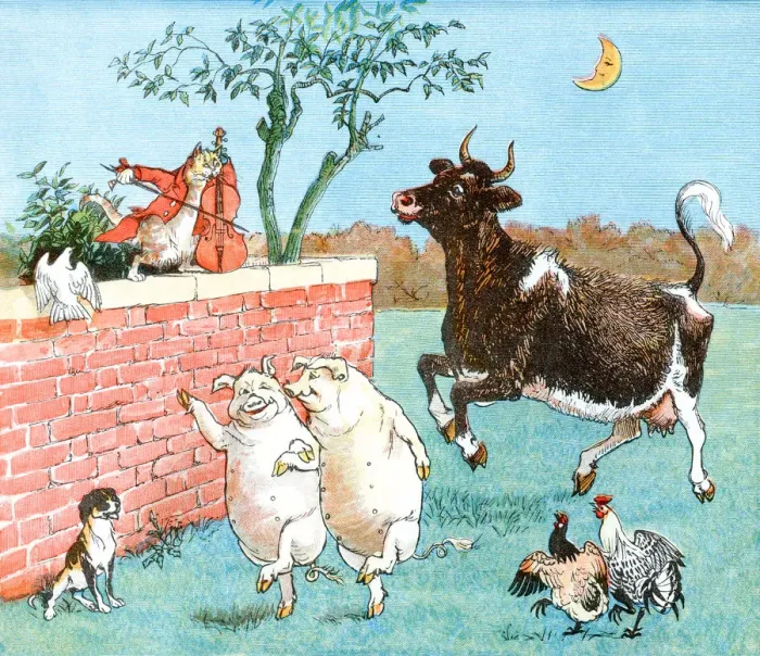 Framed Print : Cat and fiddle with cow and friends Framed Print : Cat and fiddle with cow and friends