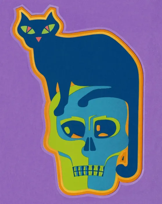 Framed Print : Cat Sitting on Skull Framed Print : Cat Sitting on Skull